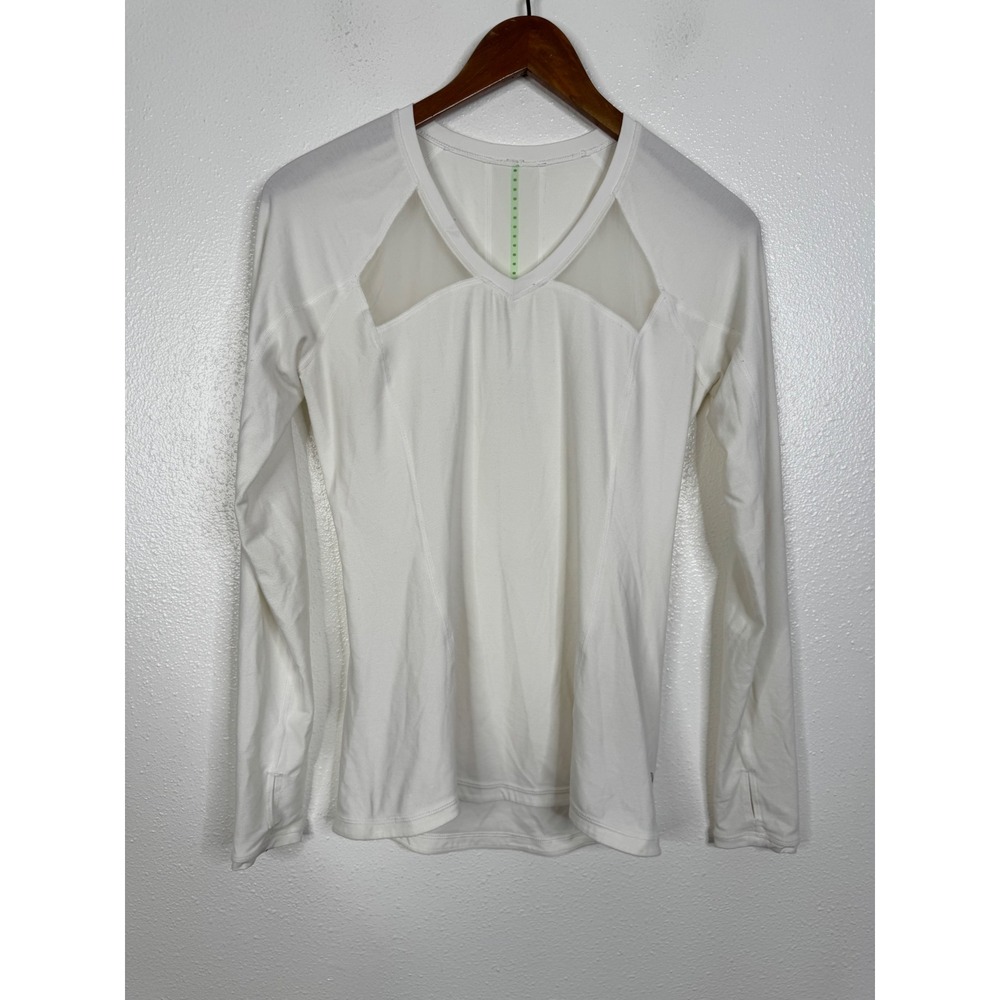 Lululemon White Mesh Panel Long Sleeve V-Neck Running Top Thumbholes Womens 6